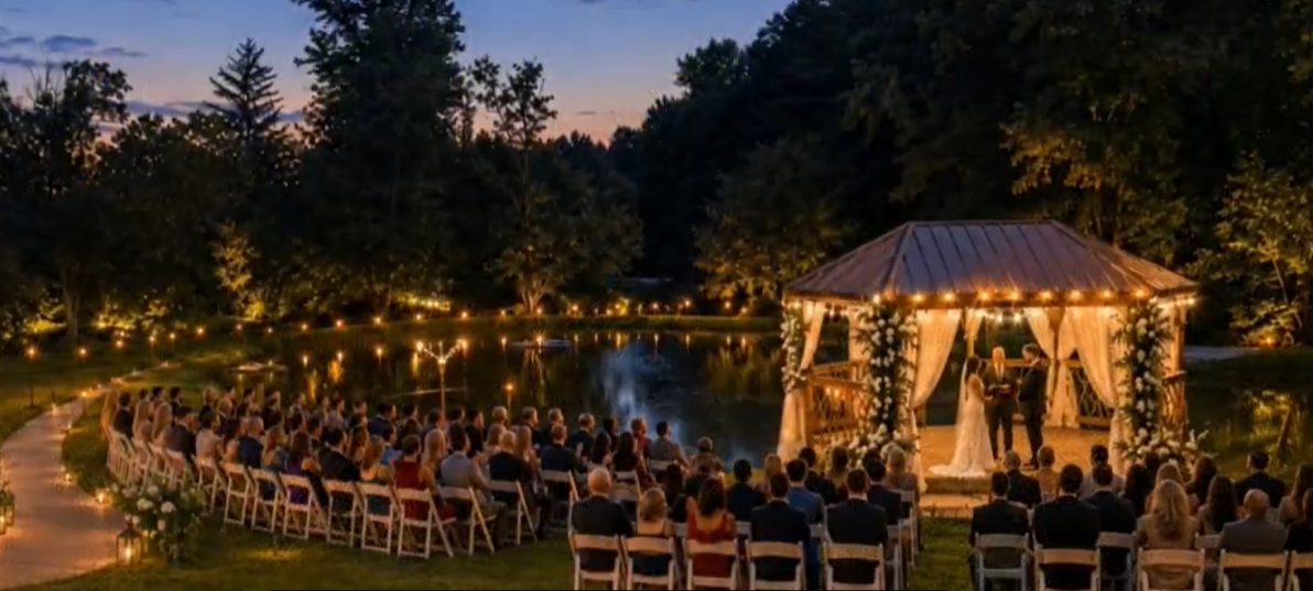 Wedding ceremony by the pond at Cloud 9 Farm